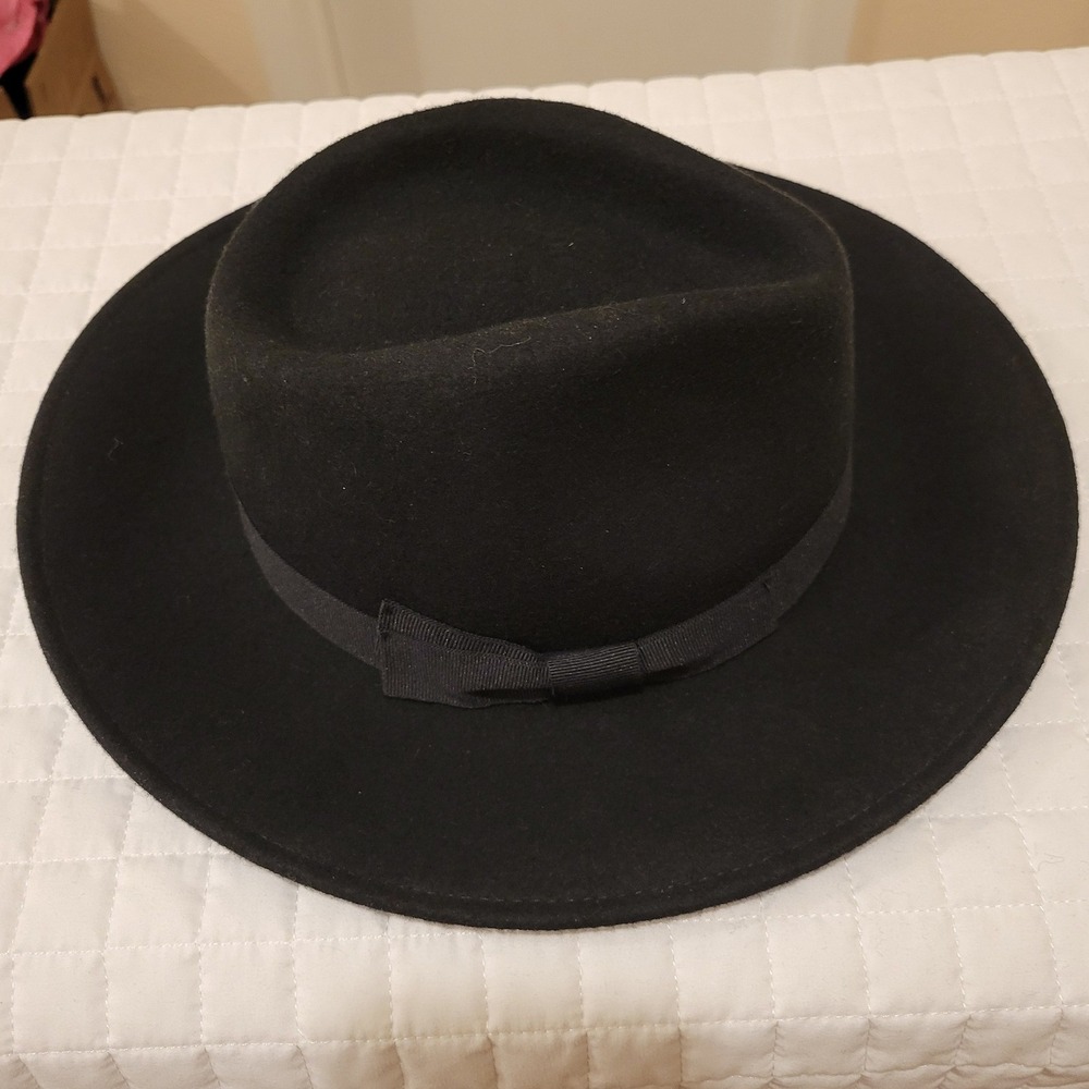 J. Crew S/M Italian 100% Wool Wide Brim Black Fedora Hat Ribbon Bow Band Classic